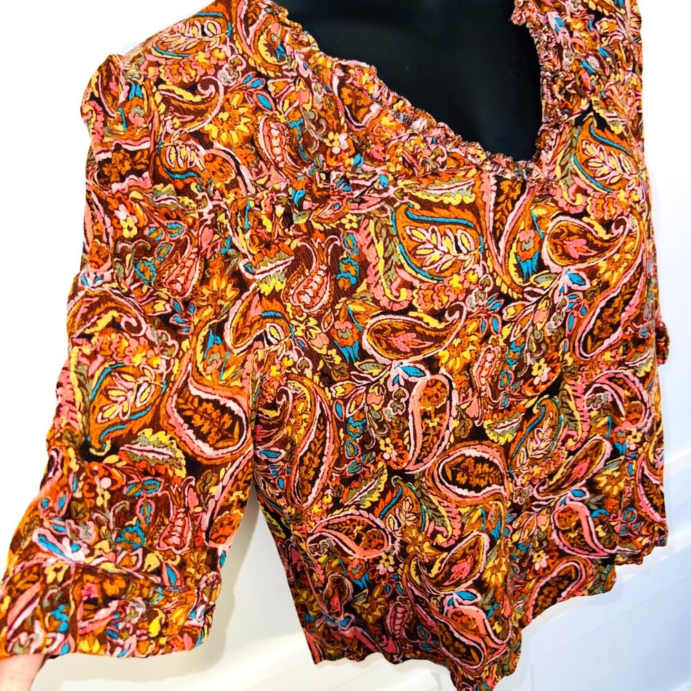 Democracy Peasant Blouse Women's L Brown Paisley V-Neck Bubble Half Sleeves - Picture 2 of 10